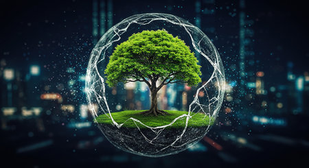 Conceptual image with green tree in sphere against night city backgroundの素材