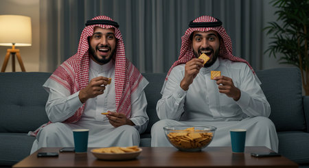 Two arabic businessmen eating fast food while sitting on sofa at homeの素材