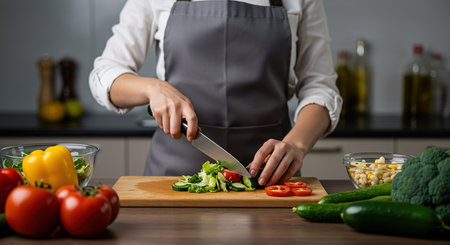 young woman in a gray apron cuts vegetables on a wooden board.の素材