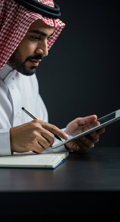 Arabic businessman working with digital tablet and taking notes in notepadの素材