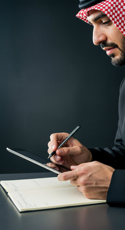 Arabian businessman using digital tablet and writing in notebook on black backgroundの素材