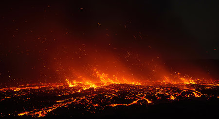 Flames of the volcano in the night. Volcanic eruptionの素材
