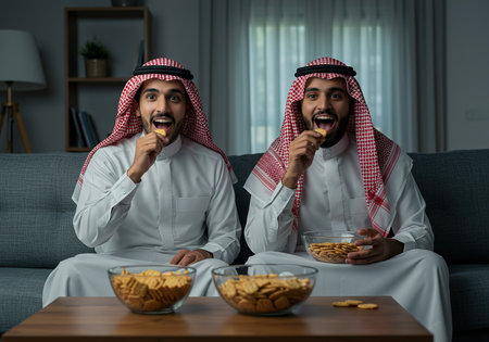 Two arabic businessmen eating chips while sitting on sofa at homeの素材