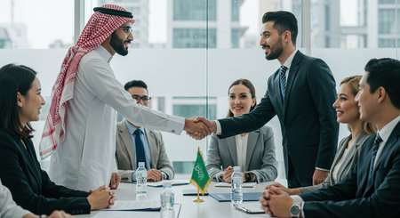Business people shaking hands, finishing up a meeting. Group of diverse business people in smart casual wear working together in modern office.の素材