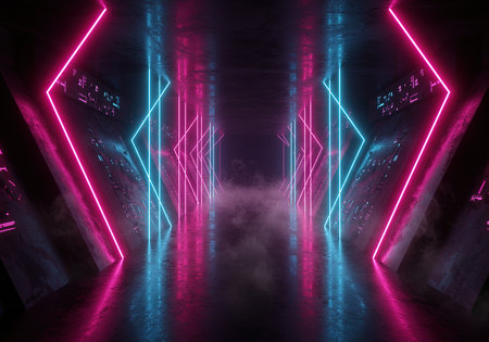 3D abstract background with neon lights. Empty dark room with neon lights. 3d renderの素材