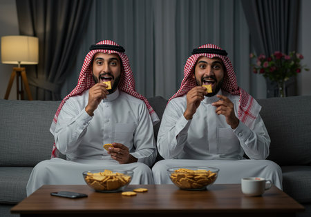 Two arabic businessmen eating chips and having fun while watching tv at homeの素材