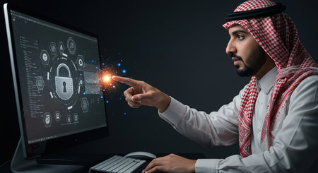 Handsome arabian businessman pressing virtual button on computer screenの素材