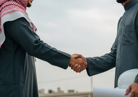 Business people shaking hands in a meeting outdoors. Handshake of two Arab businessmen.の素材