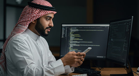 Handsome arabian programmer working on computer in dark officeの素材