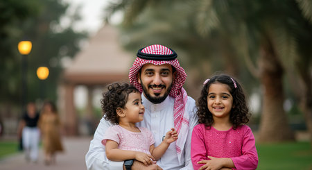 Arabic family portrait in the city park in Dubai, United Arab Emiratesの素材