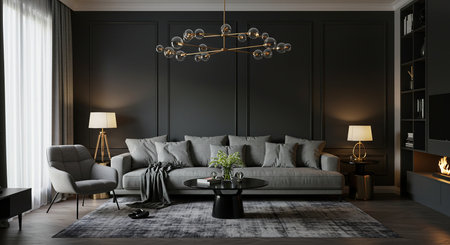 Luxury living room interior design with black walls, carpet and sofa. 3d renderingの素材