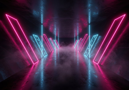 3D abstract background with neon lights. Empty dark room with neon lights. 3d renderingの素材