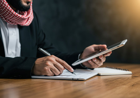 cropped shot of businessman using digital tablet and writing in notepadの素材