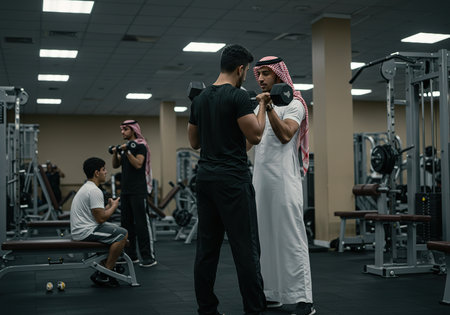 Arabic man exercising with dumbbells in a gym with his friendsの素材