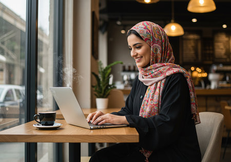 Smiling muslim woman in hijab using laptop while sitting in cafeの素材