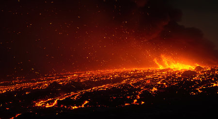 Burning lava in the crater of volcano Batur at night, Indonesiaの素材