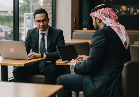 businessman and arabic businesswoman using laptop in meeting roomの素材