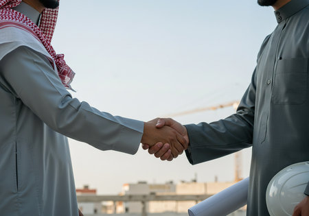 Arab business people shaking hands with each other on construction site background.の素材