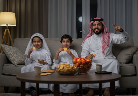 Arabic family eating fast food while sitting on the sofa at homeの素材