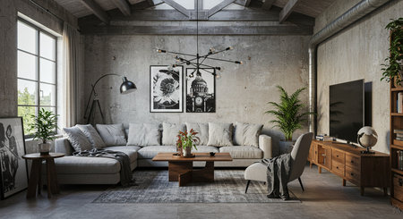 Interior of loft living room with sofa 3d rendering mock upの素材