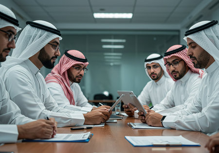 Group of arabic business people working together in modern office.の素材