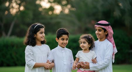 Arabic family portrait in the garden at sunset. Traditional family.の素材