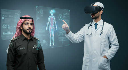 Arab doctor wearing virtual reality headset and pointing at an x-ray image of a male patientの素材
