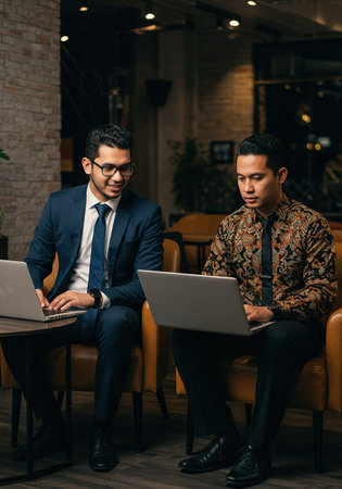 businessmen in formal wear working with laptops in lobby of modern officeの素材