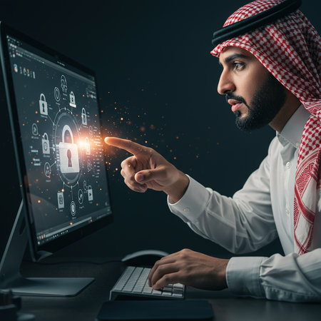 Handsome arabian man using computer with cyber security conceptの素材