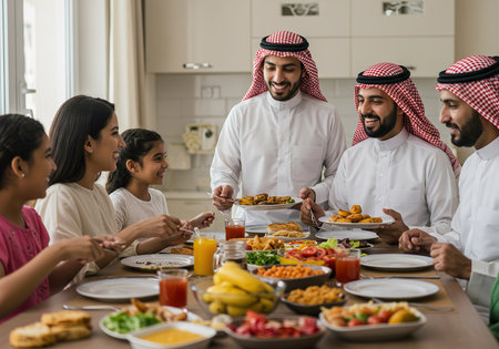 Happy arabic family having breakfast together in the kitchen at homeの素材