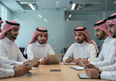 Group of arabic business people using digital tablet in modern officeの素材