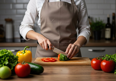Close up of woman's hands cutting vegetables on wooden cutting board in modern kitchenの素材