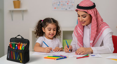 Arabic mother and daughter drawing together at table in classroom at homeの素材