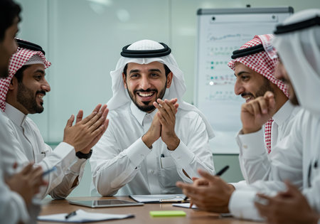 Arabic business people meeting in modern office. Group of arabic businessman and businesswoman in formal wear having a meeting in modern office.の素材