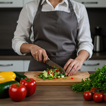 young woman in apron cutting vegetables on wooden board in modern kitchenの素材
