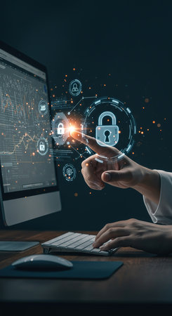 Cyber security and information protection concept. Businessman hand using computer with padlock icons on screen.の素材