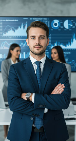 portrait of confident businessman with crossed arms looking at camera in officeの素材