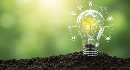 Glowing light bulb with green plant inside placed in soil on blurred green backgroundの素材