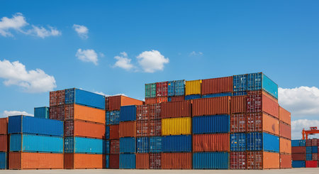 Stack of Cargo Containers at the docks with blue sky background.の素材