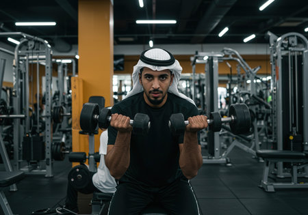 Portrait of arabic man working out with dumbbells in gymの素材