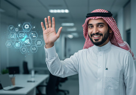 Arabian businessman wearing white shirt and saudi arabian business suit working in modern office with virtual screen interfaceの素材