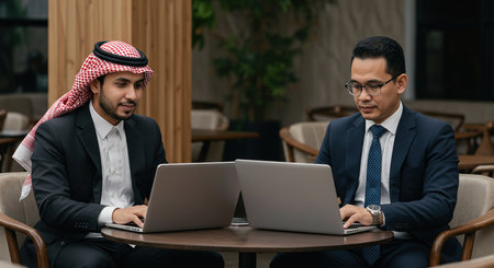 arabic businessman using laptop and talking with arabic partnerの素材
