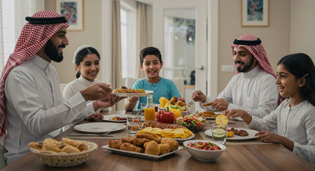 Group of arabic people having a dinner together at home.の素材