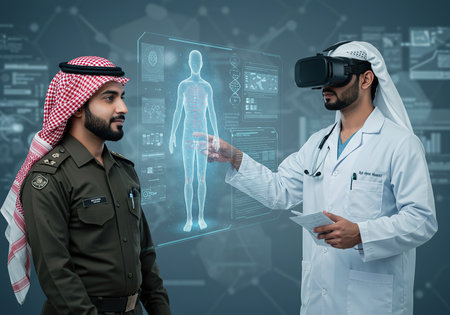 Arabic doctor and arabic man using virtual reality headset with medical interfaceの素材