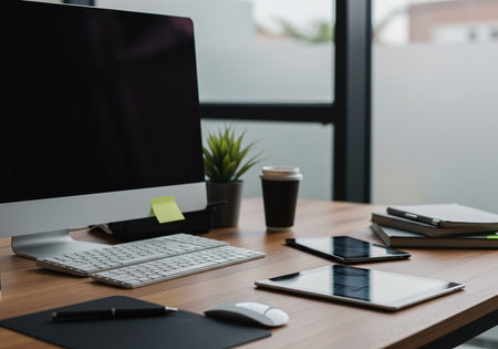 Close up view of modern workplace with computer, supplies and coffee cup.の素材