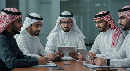 Group of arabic businessmen working together in modern office. Multiethnic business team.の素材