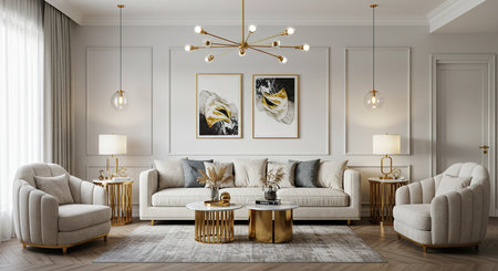 Luxury living room interior with beige sofa, armchair, coffee table and gold paintings. 3d renderの素材