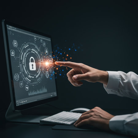 Cyber security and information protection concept. Businessman hand pointing at computer monitor with padlock icon.の素材