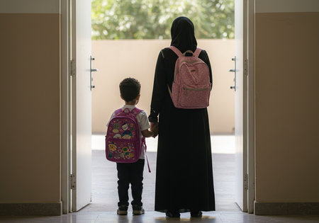 Muslim mother and her son standing in front of the door with backpacksの素材