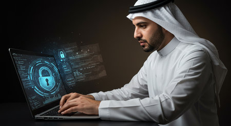 Handsome arabian businessman using laptop with cyber security conceptの素材